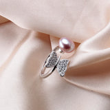 Butterfly Shape Natural Freshwater Pearl Shiny AAA Zircon Diamonds Silver Ring