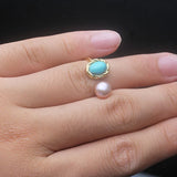 Charming Real Multicolour Pearls with Turquioise Stone Silver 18KGP Ring