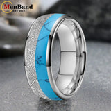 White Meteorite Block-like Turquoise Inlay 6/8MM Tungsten Rings for Men And Women