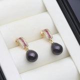 Curved Bar Silver Multicolour Real Pearl Red and Clear AAA zirconia Dangle Earrings