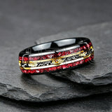Unique Red Garnet & Meteorite Gold Foil Inlaid With Two-tone Tungsten Wedding Rings