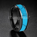 Blocky Turquoise Inlay Polished Bevel Edges Tungsten Carbide Rings for Men Women