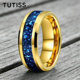 Blue Glass Stone Inlay Beveled Edge Polished 6/8mm Tungsten Carbide Rings