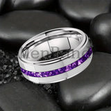 Purple Crystal Stone Inlay Brushed Finish Silver Finish 6/8MM Tungsten Rings