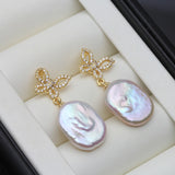 Beautiful Real Big Natural Baroque Pearl AAA Zircon Diamonds Drop Earrings