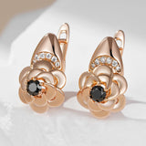 14 Karat Gold Filled New Black AAA Zircon Diamonds Vintage Creative Flower Earrings