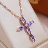 Sparkling Gold Colour Full Geometric Purple AAA Zircon Cross Pendant , Water Wave Chain Luxury Christian Jewellery - The Jewellery Supermarket