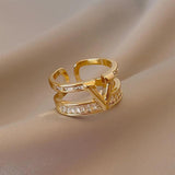 New Fashion Light Gold Colour Luxury High Quality Double Geometric Letter CZ Crystals Open Rings Fashion Jewellery - The Jewellery Supermarket