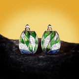 Handmade Enamel Green Bamboo Leaves AAA Zircon Diamonds Silver Earrings