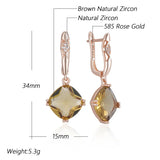 14 Karat Rolled Gold New Square Brown AAA Zircon Crsytals Dangle Retro Earrings for Women