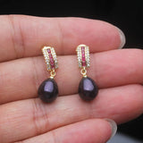 Curved Bar Silver Multicolour Real Pearl Red and Clear AAA zirconia Dangle Earrings