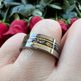 Pipe Cut Polished Finish Groove Inlay Silver Colour Men Women Tungsten Wedding Rings