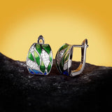 Handmade Enamel Green Bamboo Leaves AAA Zircon Diamonds Silver Earrings
