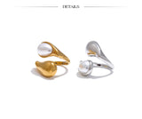 18K Gold Plated Stainless Steel Fashion Imitation Pearl or Tiger Eye Water Drop Elegant Ring