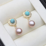 Elegant Cultured Multicolour Pearls AAA Zircon Diamonds Turquoise Stones Silver Earrings