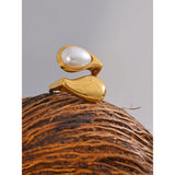 18K Gold Plated Stainless Steel Fashion Imitation Pearl or Tiger Eye Water Drop Elegant Ring