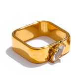 18K Smooth Stainless Steel AAA Zirconia Diamonds Round Square Delicate Trendy Ring