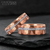 Gold Hammered Crushed White Opal Inlay 6/8mm  Wedding Tungsten Couples Rings