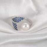 White Pearl Mermaid Tail AAA Blue Cubic Zirconia Crystals Open Silver Ring