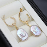 Natural White Purple Baroque Pearl AAA Zircon Diamonds Silver Long Earrings