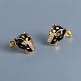 Exquisite Handmade Enamel Black Leopard Green Spinel White AAA Zircon Earrings