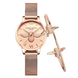 Elegant Luxury 3D Engraved Bee Dial Ladies Watch Rose Gold Plated 31mm Classic Casual Dress Watch with Bracelet Set