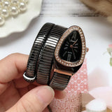 Elegant Luxury Jewellery Snake Design Zircon Diamonds Gold Colour Stainless Steel Women Quartz Bracelet Wristwatches