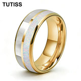 Dome Double Groove Inlaid With White Opal Stone Mother Of Pearl Shell Tungsten Rings