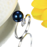 8-9mm Round Freshwater Cultured Pearl Crystal AAA Zircon Diamonds Silver Rings