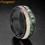 Polished Bevel Edges Deer Antler And Moss Agate Inlay 6/8mm Tungsten Carbide Rings