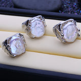 Elegant Natural Freshwater12-16mm Big Baroque Pearl Silver Gold Colour Ring