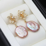 Flower Design Real Baroque White Pink Pearl AAA Zircon Diamonds Silver Earrings