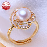 Elegant Swirl Design White Pink Black Real Pearl AAA Zircon Diamonds 18KGP Rings
