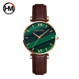New Elegant Ladies Watch with Quartz Movement Green Peacock Stone Dial  Casual Leather Rose Plated Gold Watches