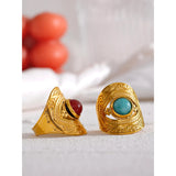 18K Gold Plated Vintage Red Blue Natural Stone Stainless Steel Open Fashion Ring