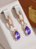 Elegant Sparkling 14K Rolled Rose Gold Geometric Purple AAA Zircon Diamonds Drop Earrings, Vintage Fashion Jewellery