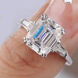 Gorgeous 3 Stone 1-4ct Emerald Cut VVS1 D Colour Moissanite Diamonds Silver Ring