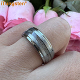 New Deer Antler Opal Stepped Special Brushed Finish Tungsten Ring for Men Women