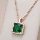 Superb Square Green 14K Rolled Rose Gold AAA Zircon Crystal Necklace For Women - Luxury Crystal Jewellery