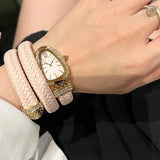 Fashionable Ladies Quartz Watch with Snake Shape Set with Zircon Diamonds, Casual Style Elegant Women's Wristwatches