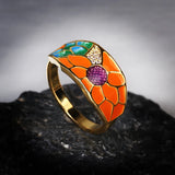 Exquisite Handmade Enamel 18KGP Sunflower Orange Zircon 925 Silver Ring