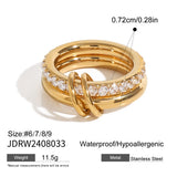 18K Gold Plated Minimalism Glossy Shine Stainless Steel White Cubic Zirconia Inlaid Double Layer Ring