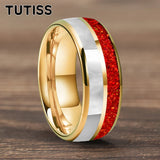 Dome Double Groove Inlaid With Red opal And Mother Of Pearl Shell 6/8mm Tungsten Rings