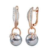 14 Karat Rolled Gold Grey Pearl AAA Zircon Diamonds Women's Long Drop Luxury Earrings
