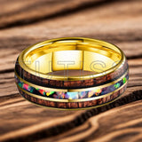 Inlaid Hawaiian Koa Wood Crushed Fire Opal 6/8mm Black Tungsten Carbide Rings