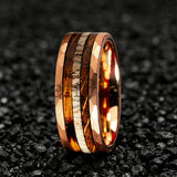 Classic Whiskey Barrel Oak Wood Deer Antler Inlay Tungsten Rings for Men Women