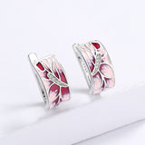 Pink Peach Elegant Flower Handmade Enamel AAA Zircon Diamonds Earrings
