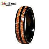 Double Groove Inlay Whiskey Wood, Domed High Polished Tungsten Carbide Rings