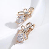 Fashion 14K Filled Rose Gold Cute Bow Drop Earrings with White AAA Zircon Crystals - Quality Jewellery