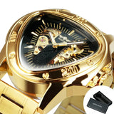 Sports Military Skeleton Automatic Mechanical Watches - Black Gold Triangle Dial Steel Leather Strap Luxury Watches